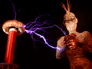 Tesla Coil and Steel Statue - 2007, Burning Man photo